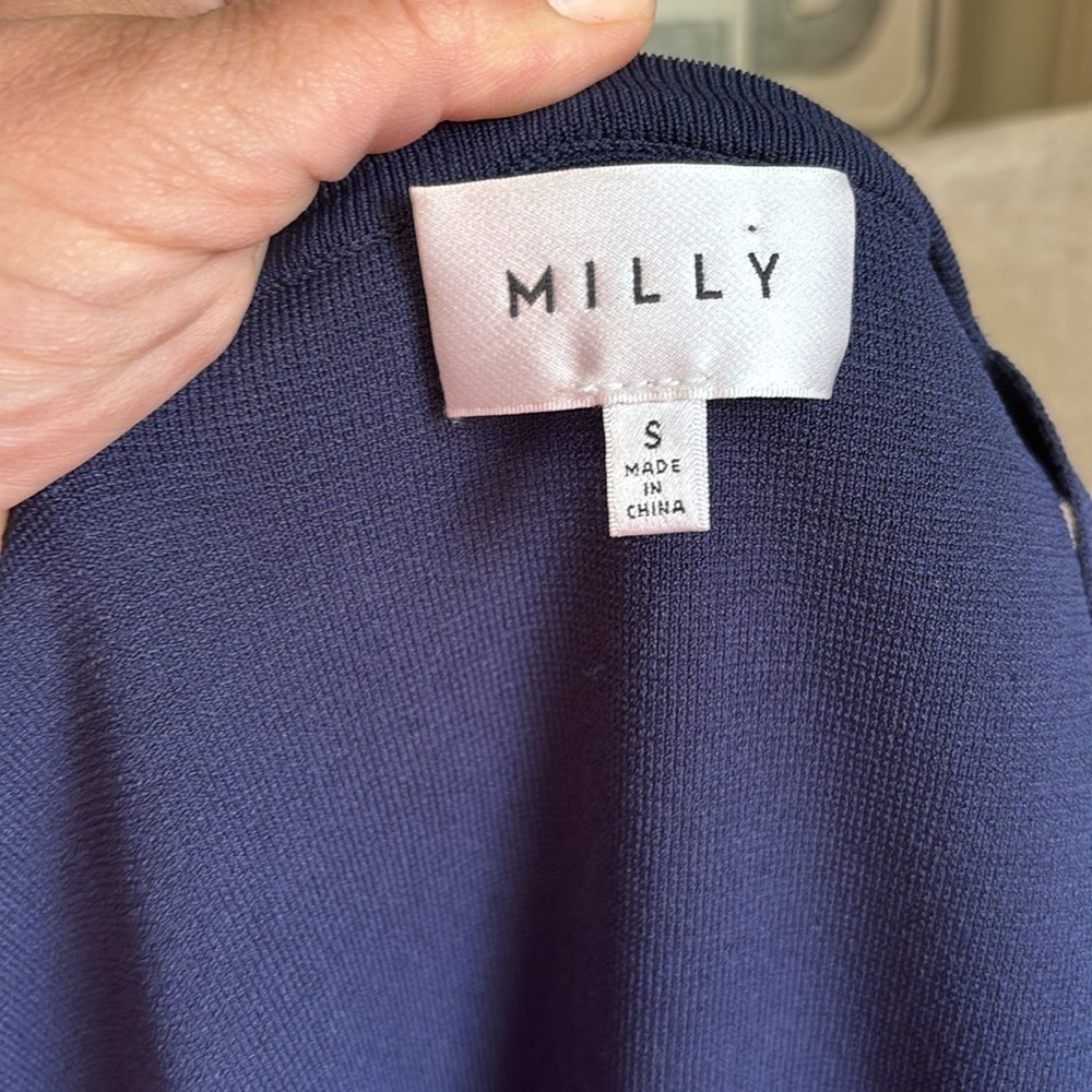 Milly Sleeveless Flounce Knit Sheath Dress Navy NWOT - Picture 8 of 10